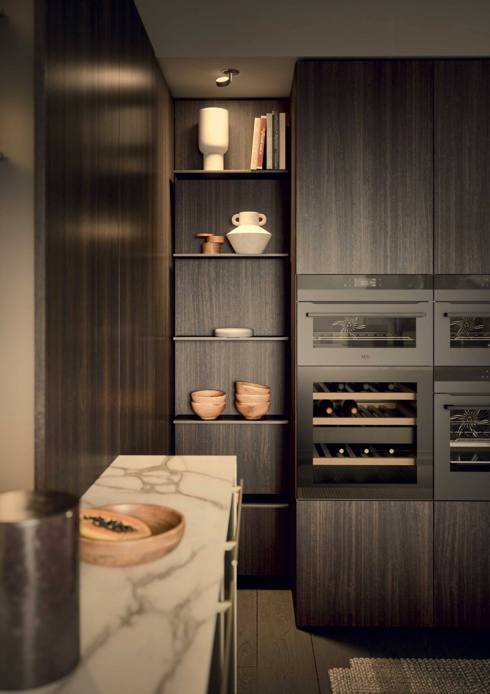 cuisine bois foncée sublimée par le cadre fin de Coco