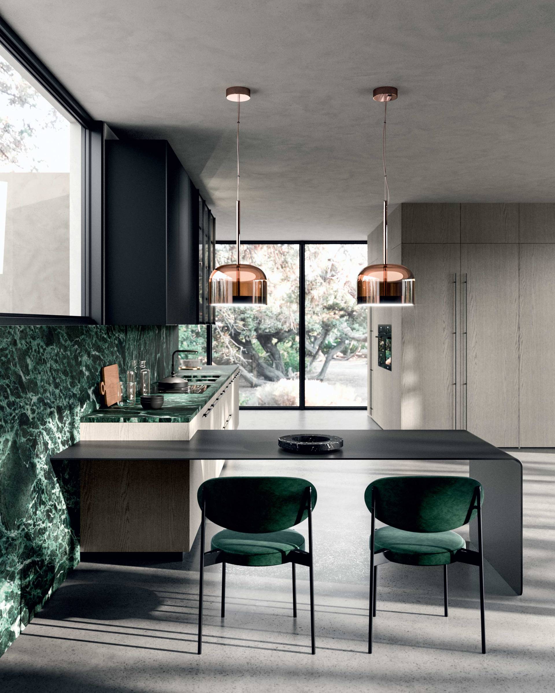 Filo introduit une nouvelle modularité :  les meubles bas mesurent 84 cm de hauteur, le  socle est abaissé jusqu 'à 6 cm, les meubles hauts  ont une profondeur de 43 cm, en préservant ainsi  une distance plus proportionnée lorsqu 'ils sont  unis au plan d