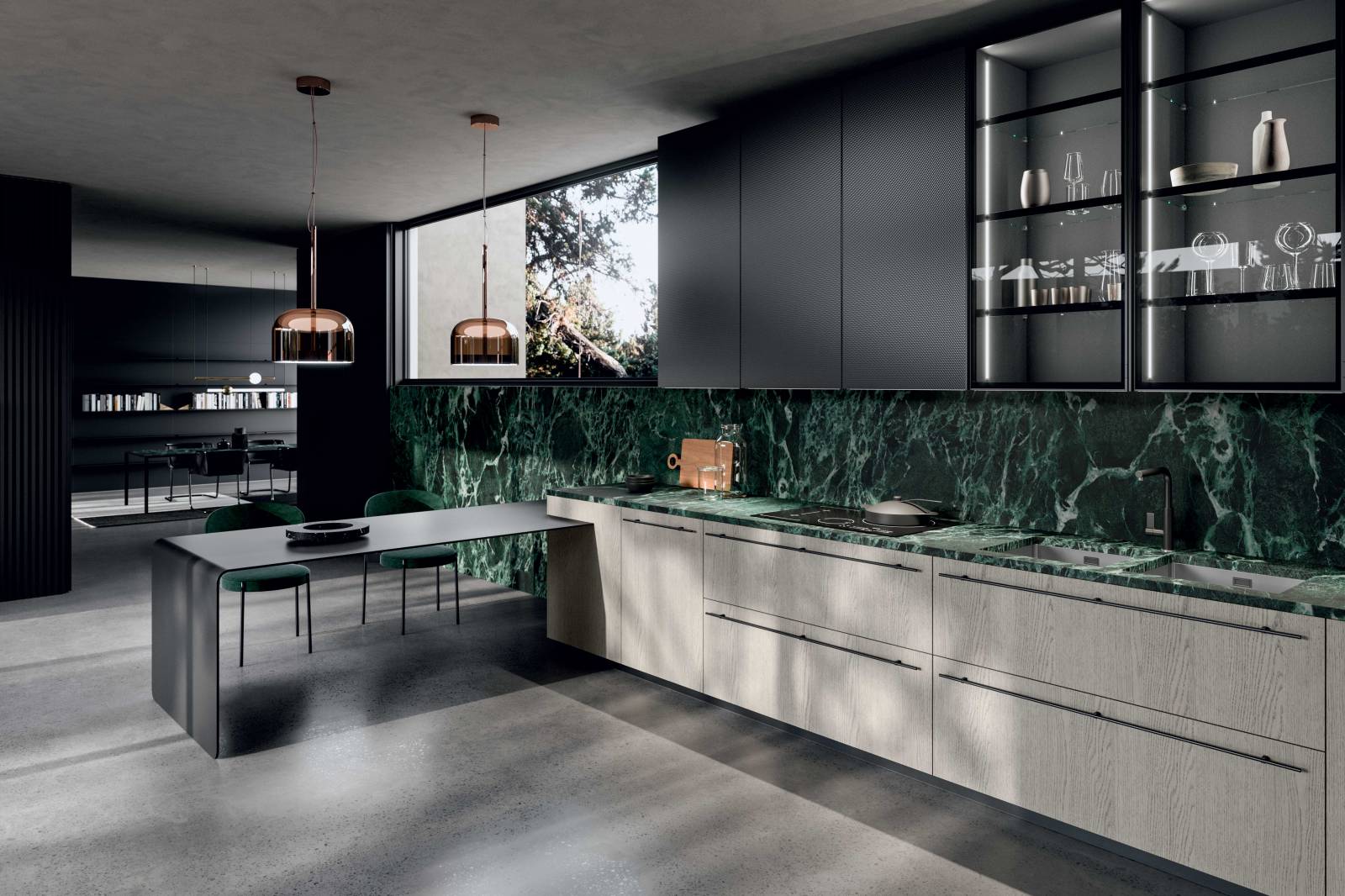 L'ef fet tex turée de la por te diamant crée  des jeux de lumière fascinants sur la sur face.  En détail aussi le profil led Oslo sous le  meuble haut