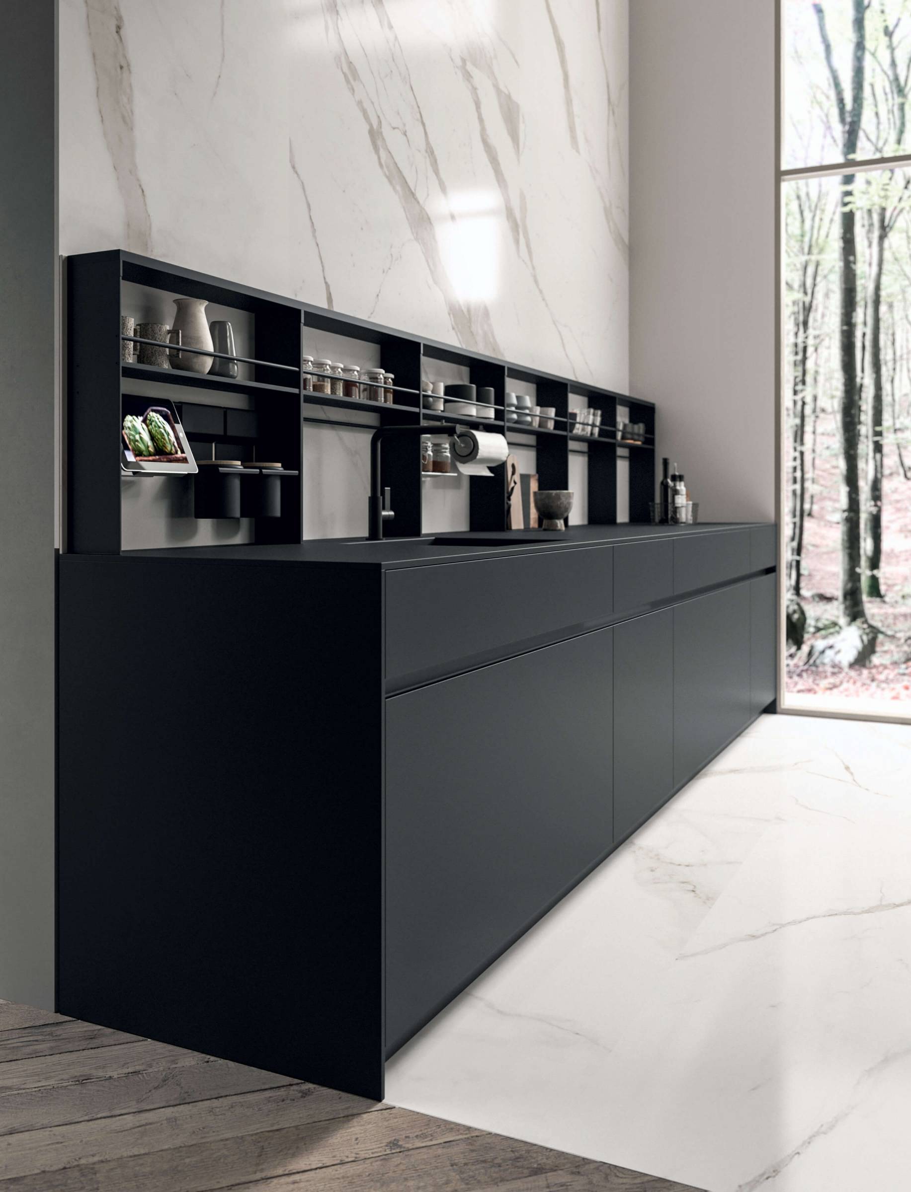 L'esthetique de la cuisine cahnge complètement grâce à la nouvelle position de la poignée incurvée qui, sur les bases GI (poignée intermédiaire à 30°), se trouver sous un tiroir de 18cm au lieu de se retrouver sous le plan de travail.