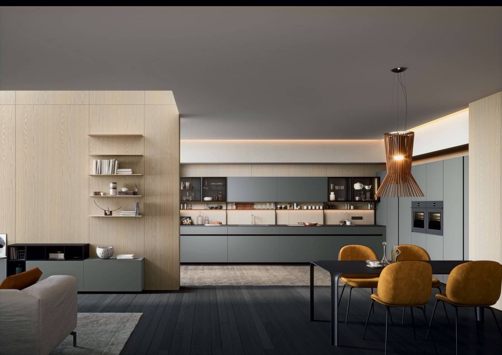 La réalisationn est dans les tons enveloppants de Gris Antrim, dans les finitions Fenix NTM du plan de travail et laqué mat des portes. 