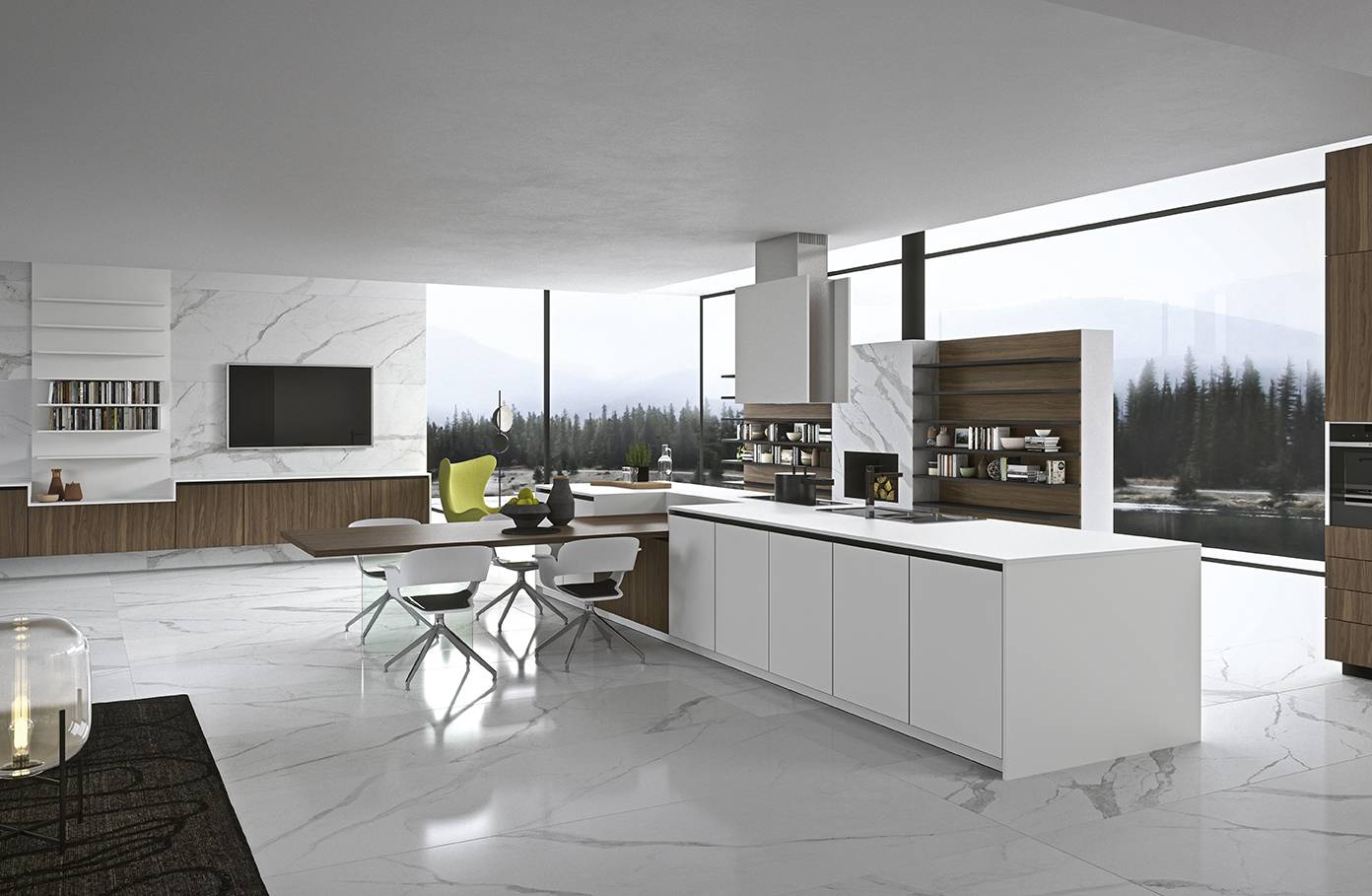 Le support de la table, en verre transparent, donne l'impression d'un plan de travail léger, presque suspendu dans le vide. Un materiau innovant qui trouve de plus en plus d'applications dans le domaine de la cuisine et dans l'ammeublement.