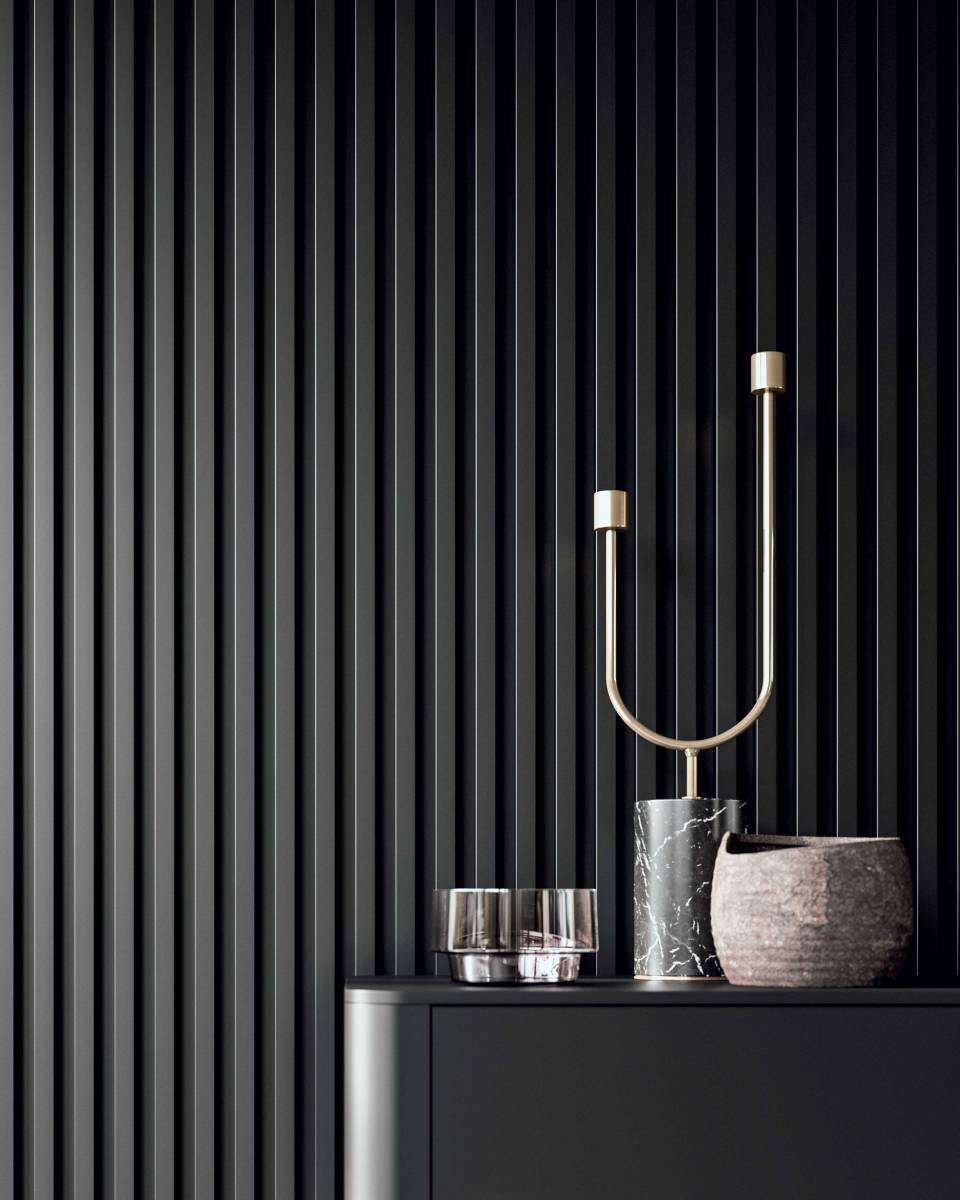 La Boiserie 2+2, le nouveau panneau exclusif  avec ef fet ner vuré, fabriqué dans toutes les  couleurs en stratifié et en mélaminé de la  gamme. Pour habiller les murs ou pour réaliser  le dos des îlots et des tables intégrées. Dans  la cuisine ou dans d 